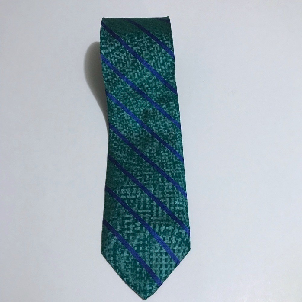 Brooks Brothers 346 Mens Silk Tie Green Navy Blue Striped Basketweave Repp USA‎